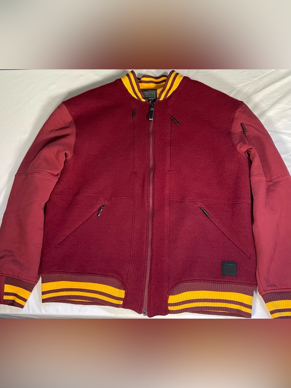Champion Processed Sportswear Maroon Wool Varsity Jacket Striped Trim Size L